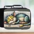Lunch bag with a stylized cat illustration on a neutral background
