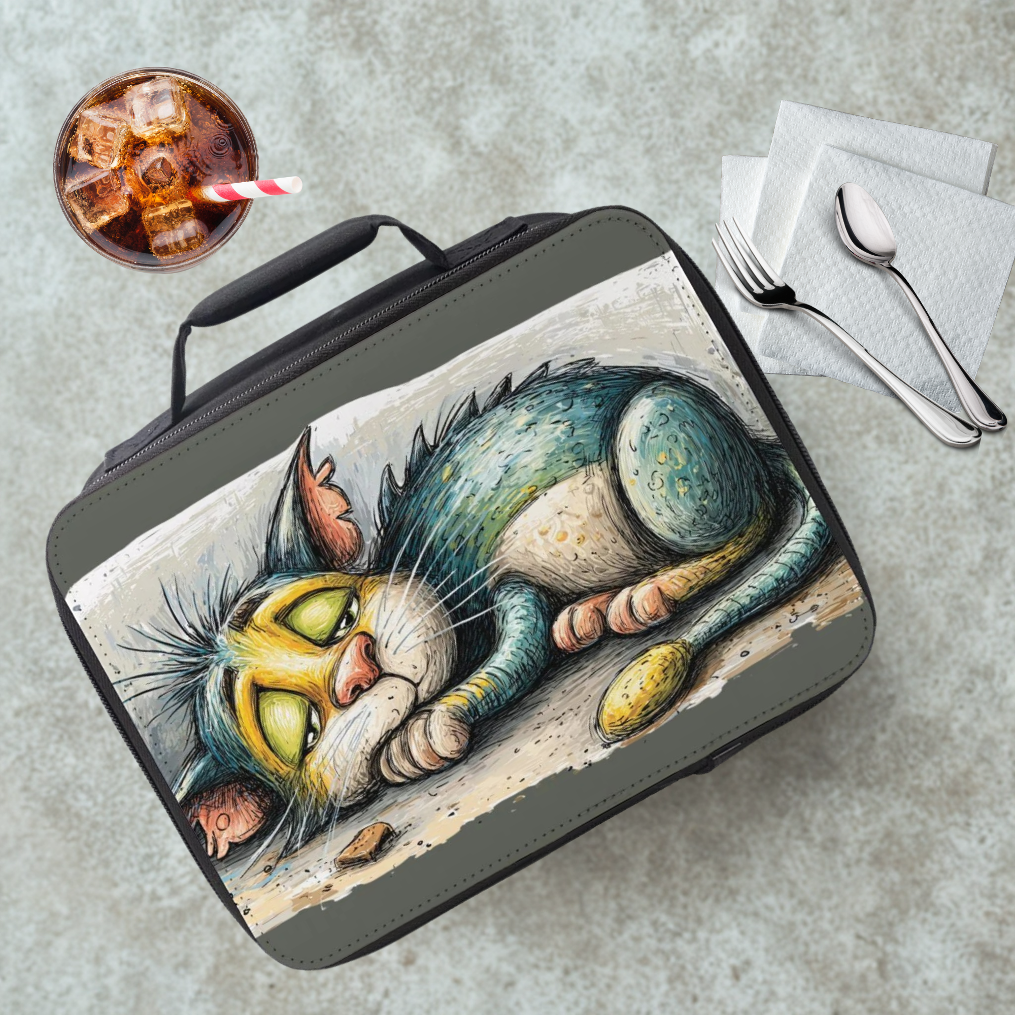Lunch bag with a colorful cat dragon illustration on a cafeteria table with a drink and utensils.
