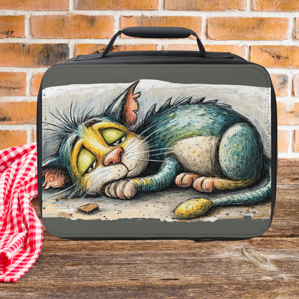 Lunch bag with a cat illustration on a wooden picnic table against a brick wall background