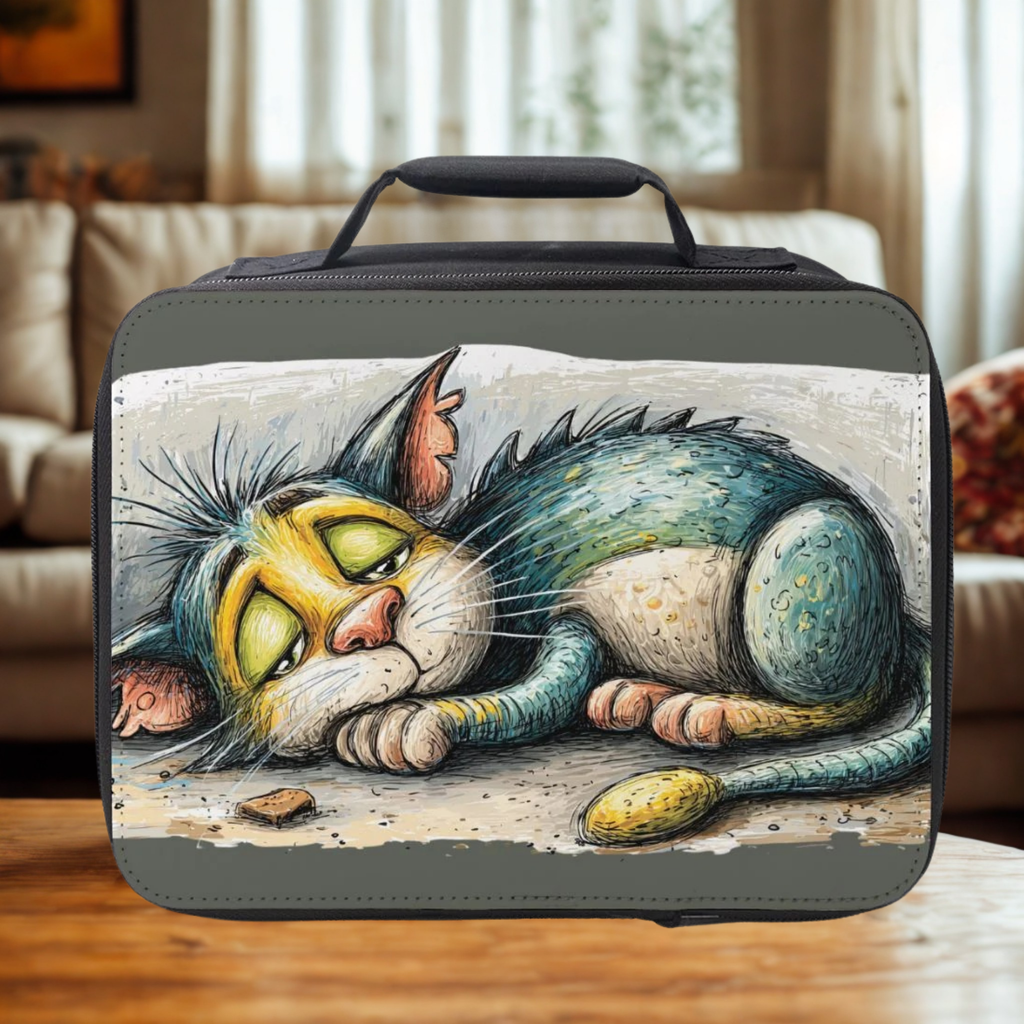 Lunch bag with a dragon cat illustration on a wooden coffee table in a cozy living room.