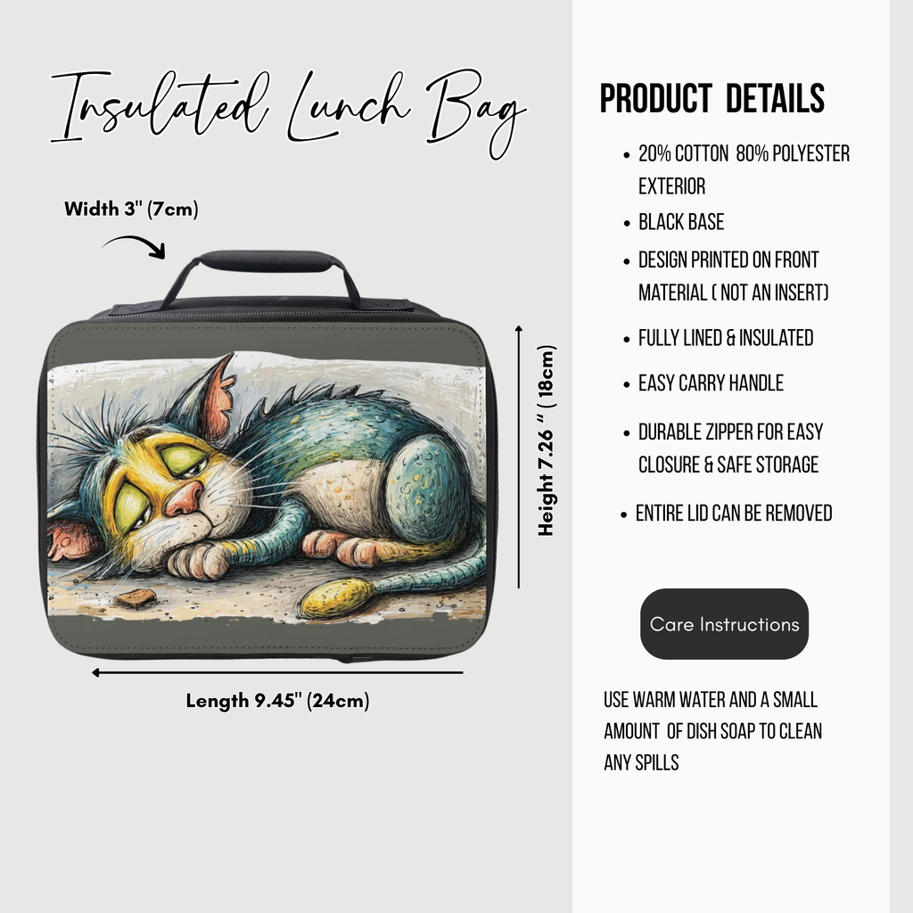 Insulated lunch bag with a cat design, featuring product details on a white background.