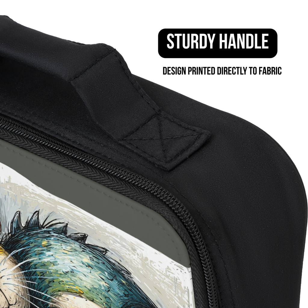 Close up of black lunch bag with a handle and printed design on fabric, featuring text about the handle's sturdiness.