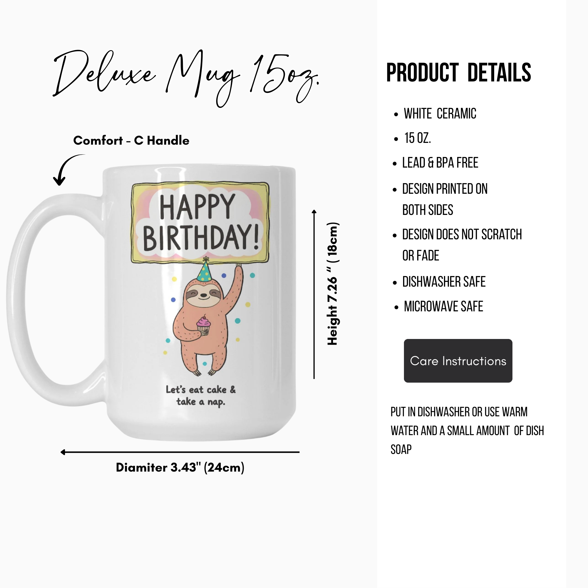 White ceramic mug with a sloth design and 'Happy Birthday!' text, featuring product details on a white background.