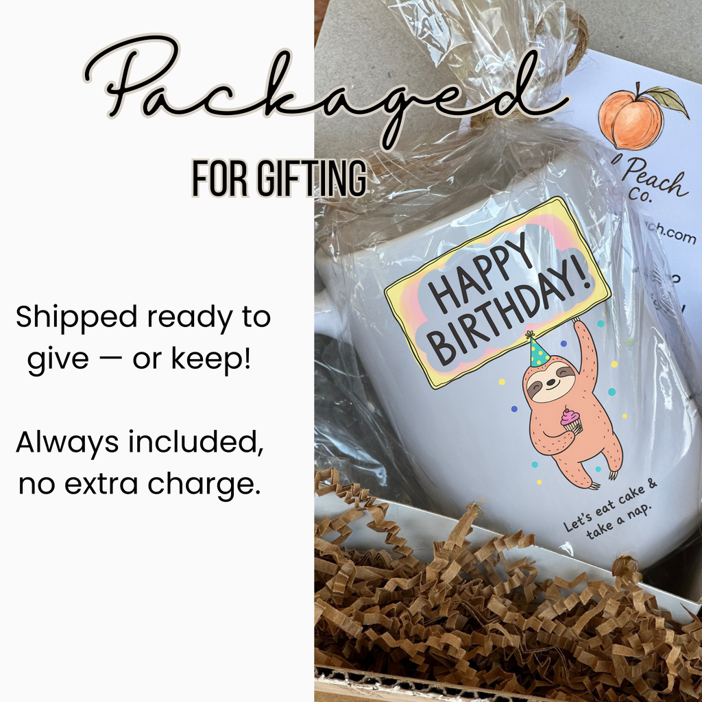 Gift bag with sloth design and 'Happy Birthday!' text, labeled 'Peach Co.', on a white background.