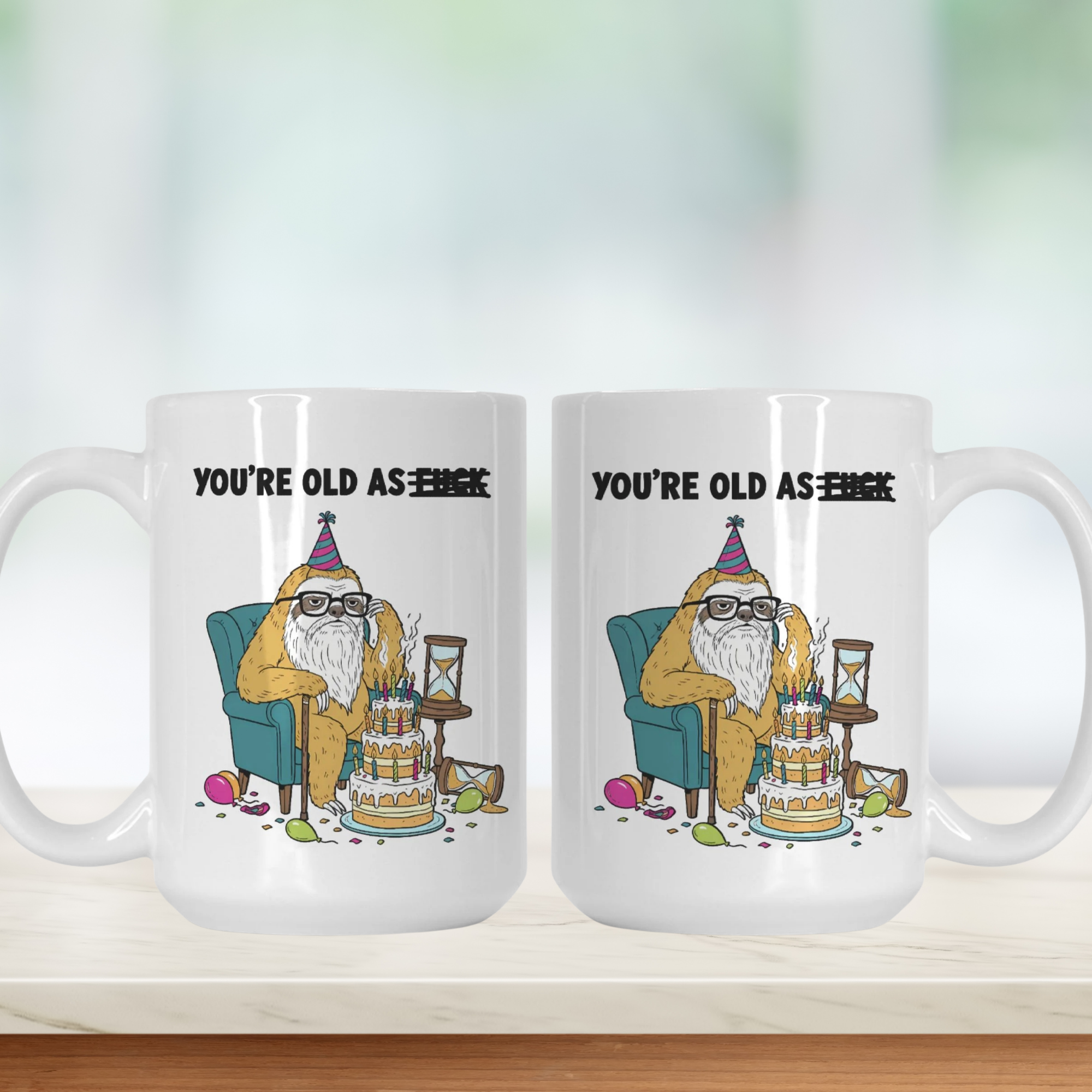 Two mugs with a cartoon character and humorous text on a white background