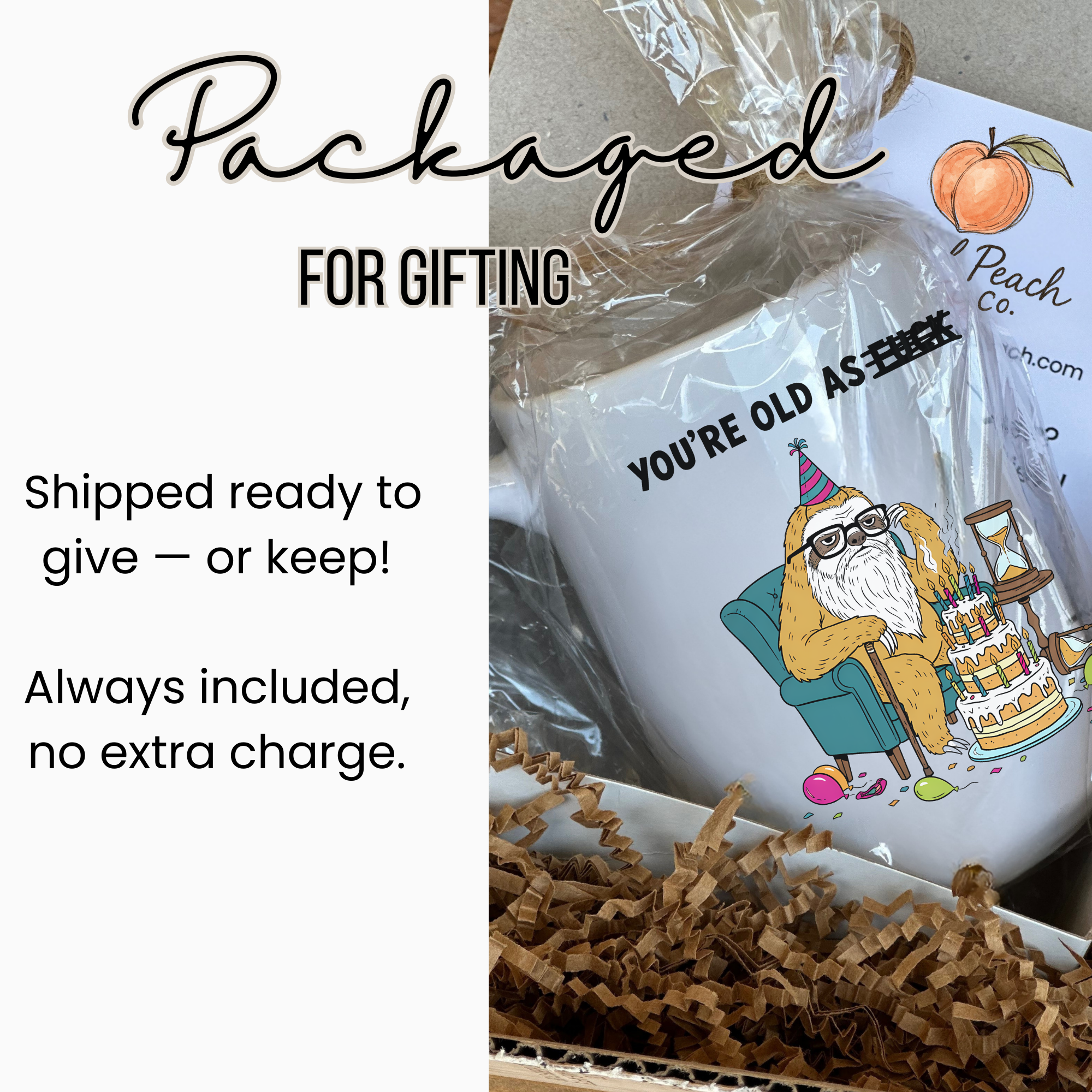 Gift-ready mug with humorous sloth design in packaging
