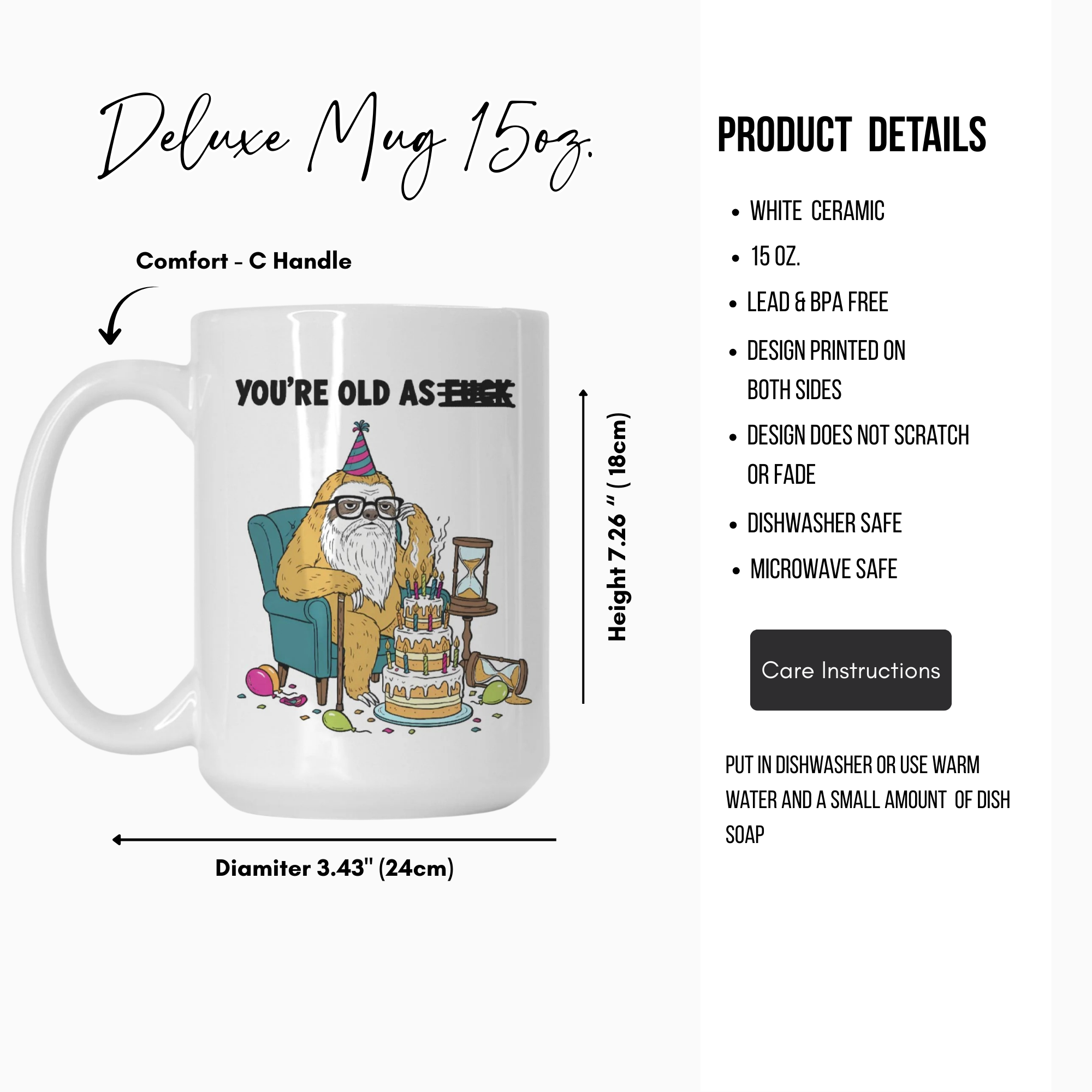 White ceramic mug with cartoon design and text, featuring product details on a white background.