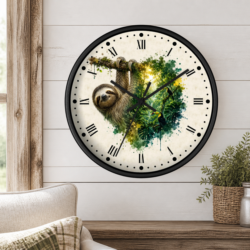 Sloth Toucan Layered Portrait Wall Clock — Tropical Animal Bird Decor