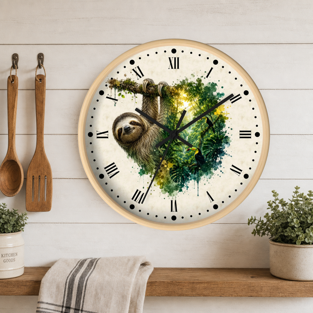 Sloth Toucan Layered Portrait Wall Clock — Tropical Animal Bird Decor