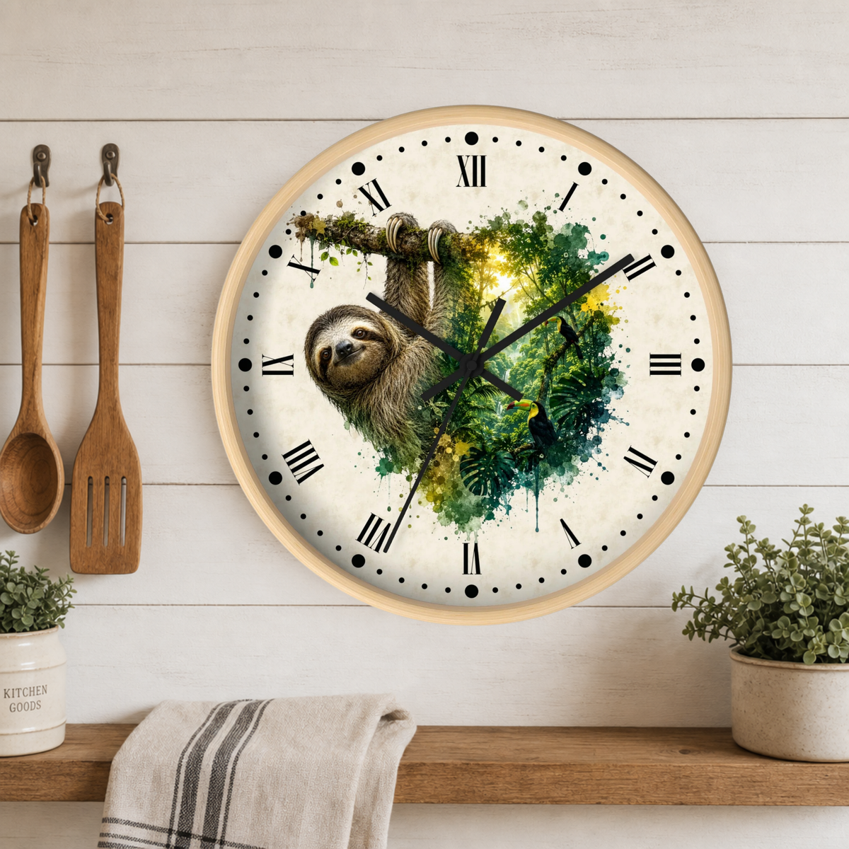 Sloth Toucan Layered Portrait Wall Clock — Tropical Animal Bird Decor
