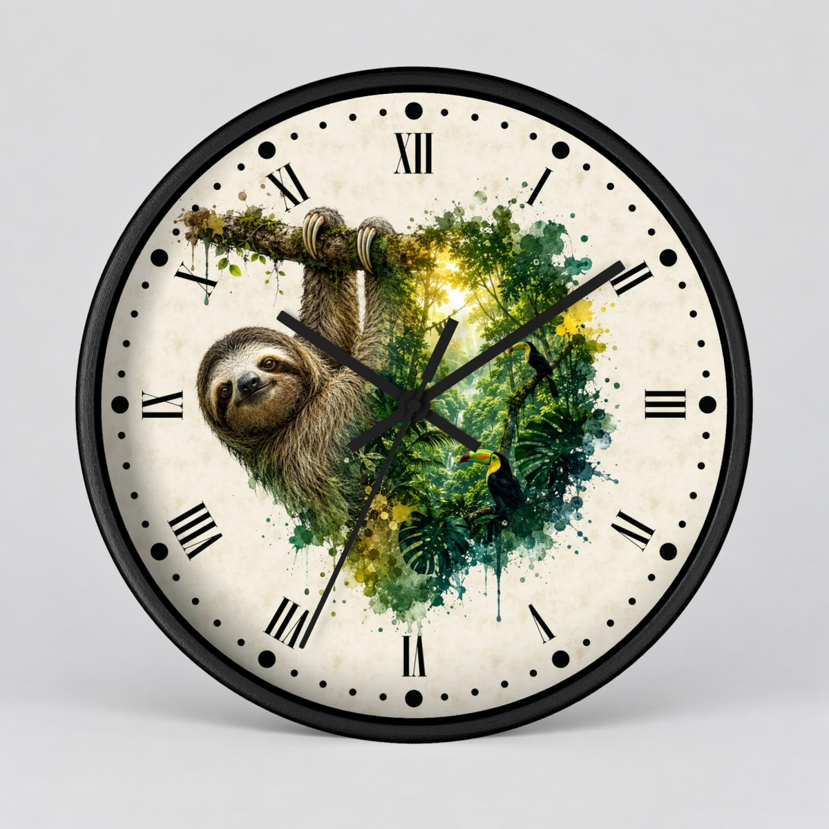 Sloth Toucan Layered Portrait Wall Clock — Tropical Animal Bird Decor