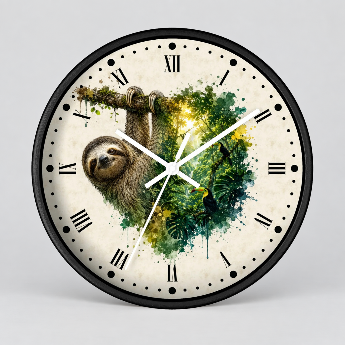 Sloth Toucan Layered Portrait Wall Clock — Tropical Animal Bird Decor