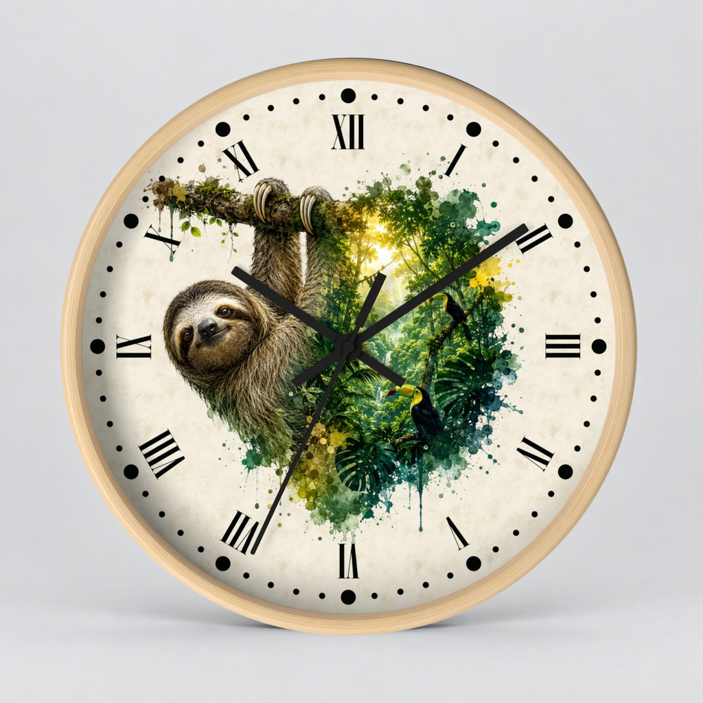 Sloth Toucan Layered Portrait Wall Clock — Tropical Animal Bird Decor