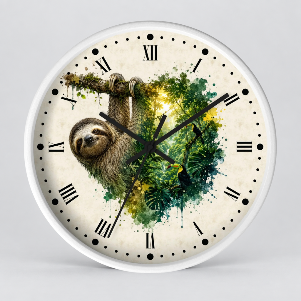 Sloth Toucan Layered Portrait Wall Clock — Tropical Animal Bird Decor