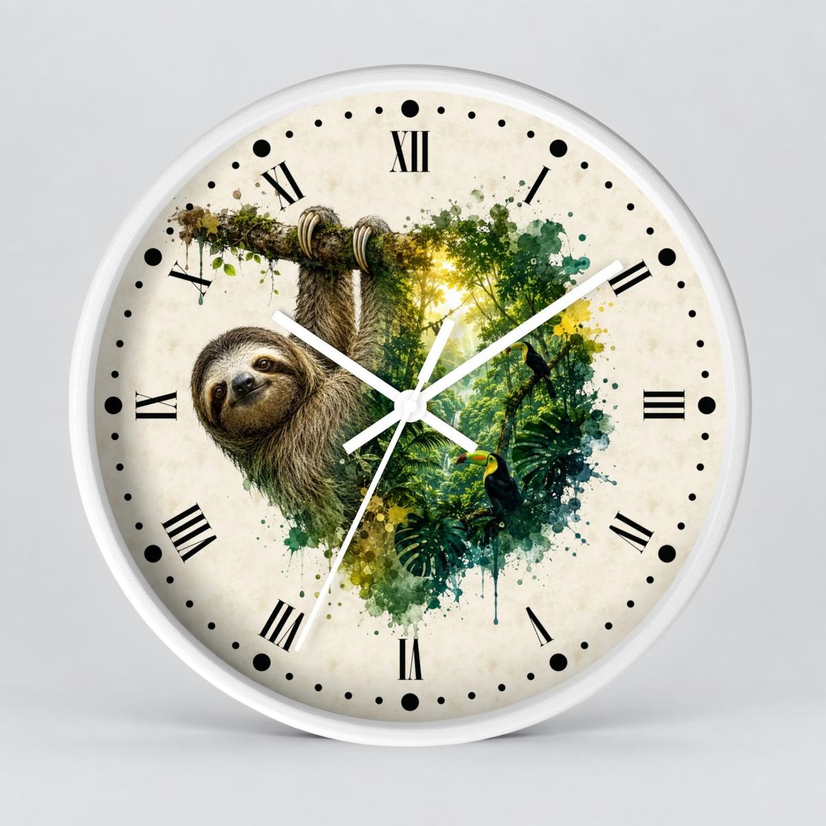 Sloth Toucan Layered Portrait Wall Clock — Tropical Animal Bird Decor