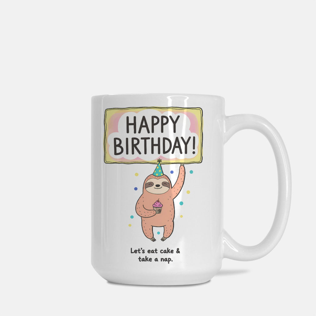 White mug with a sloth design holding a 'Happy Birthday!' sign on a white background
