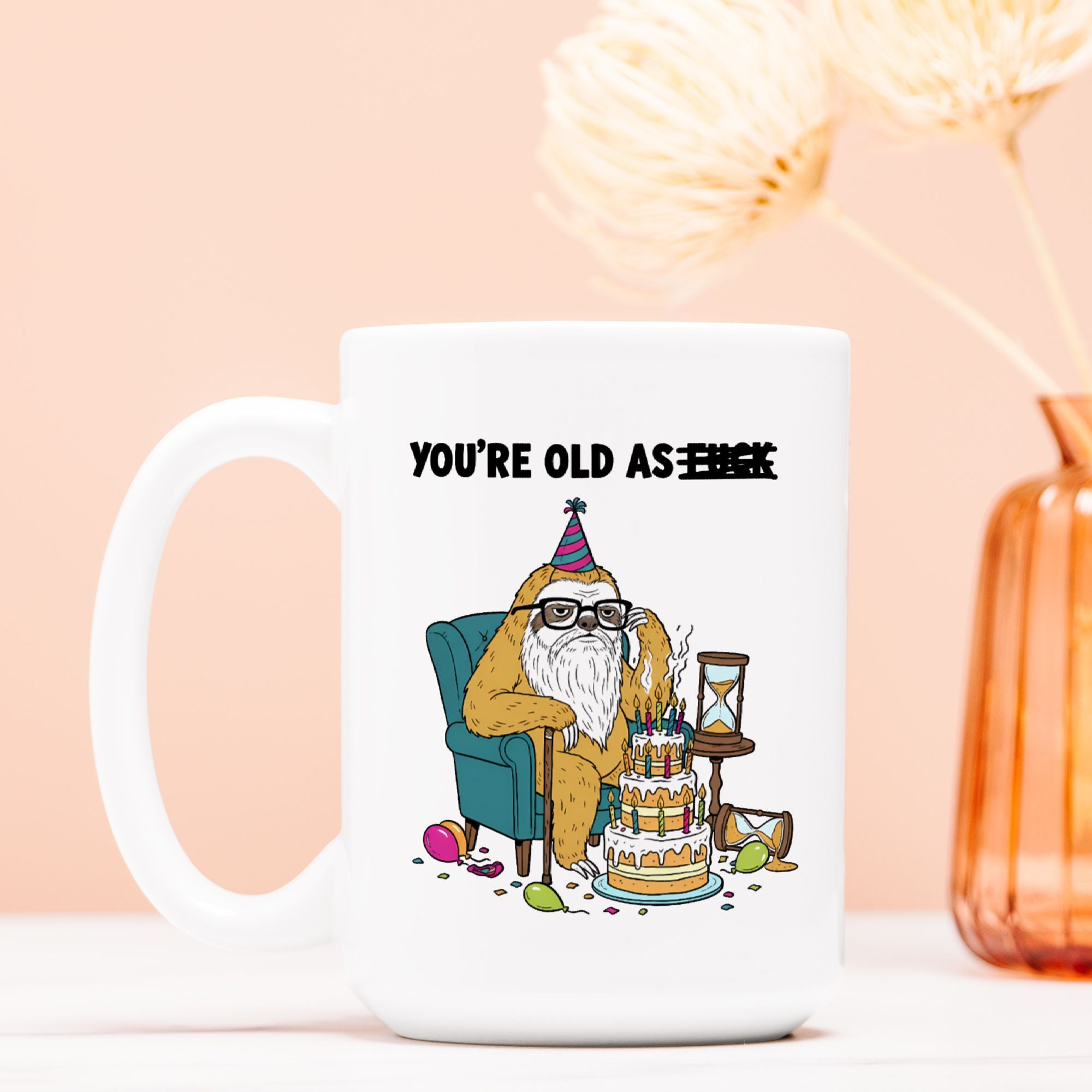 White mug with a cartoon character and text on a light pink background