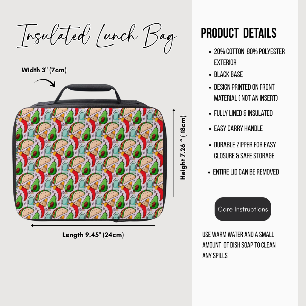 Insulated lunch bag with avocado pattern and product details on a white background