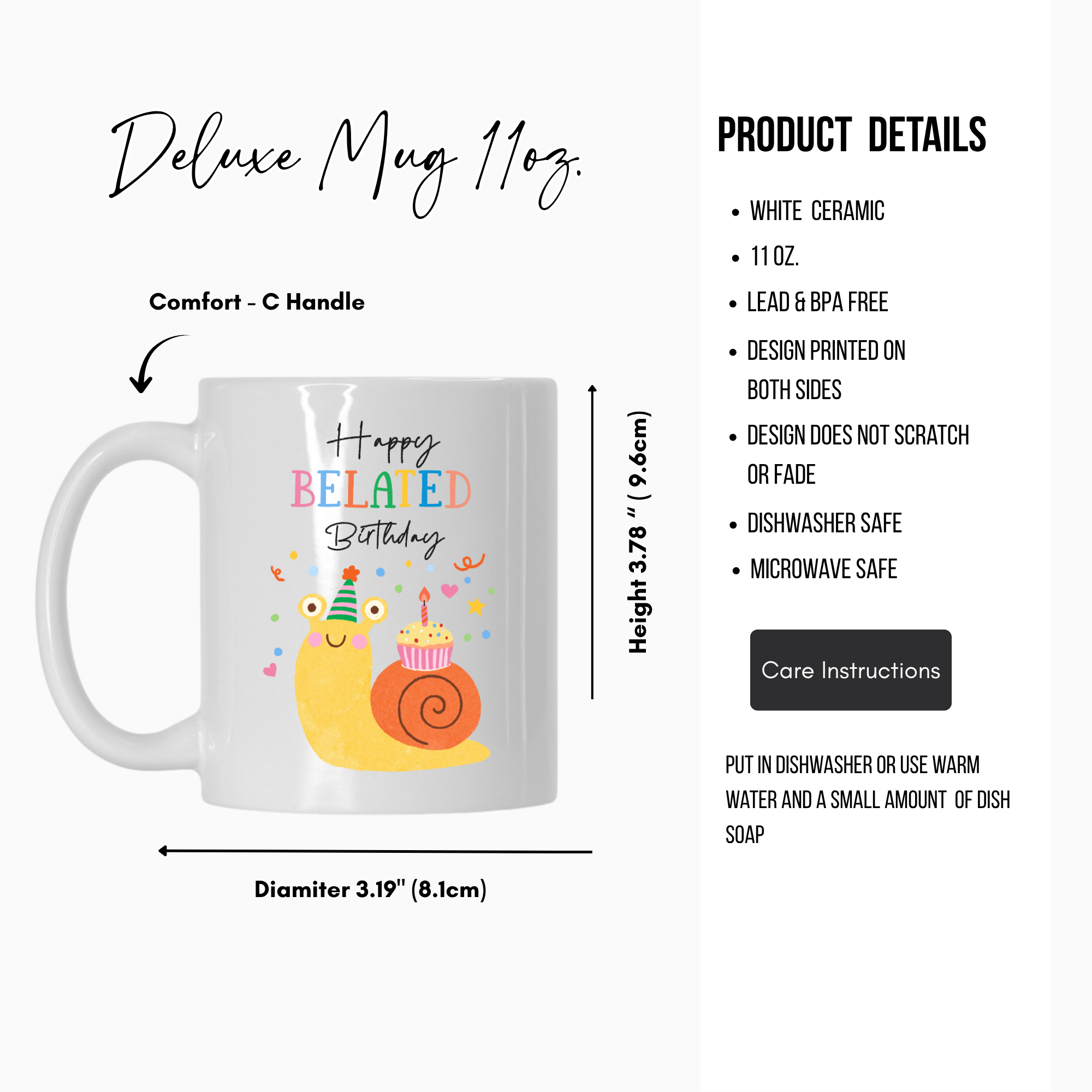 White 11oz. ceramic mug with colorful design and product details on a white background