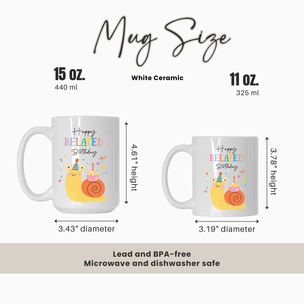 Mug size comparison chart with a 15oz. and 11oz. mug and measurements on a white background