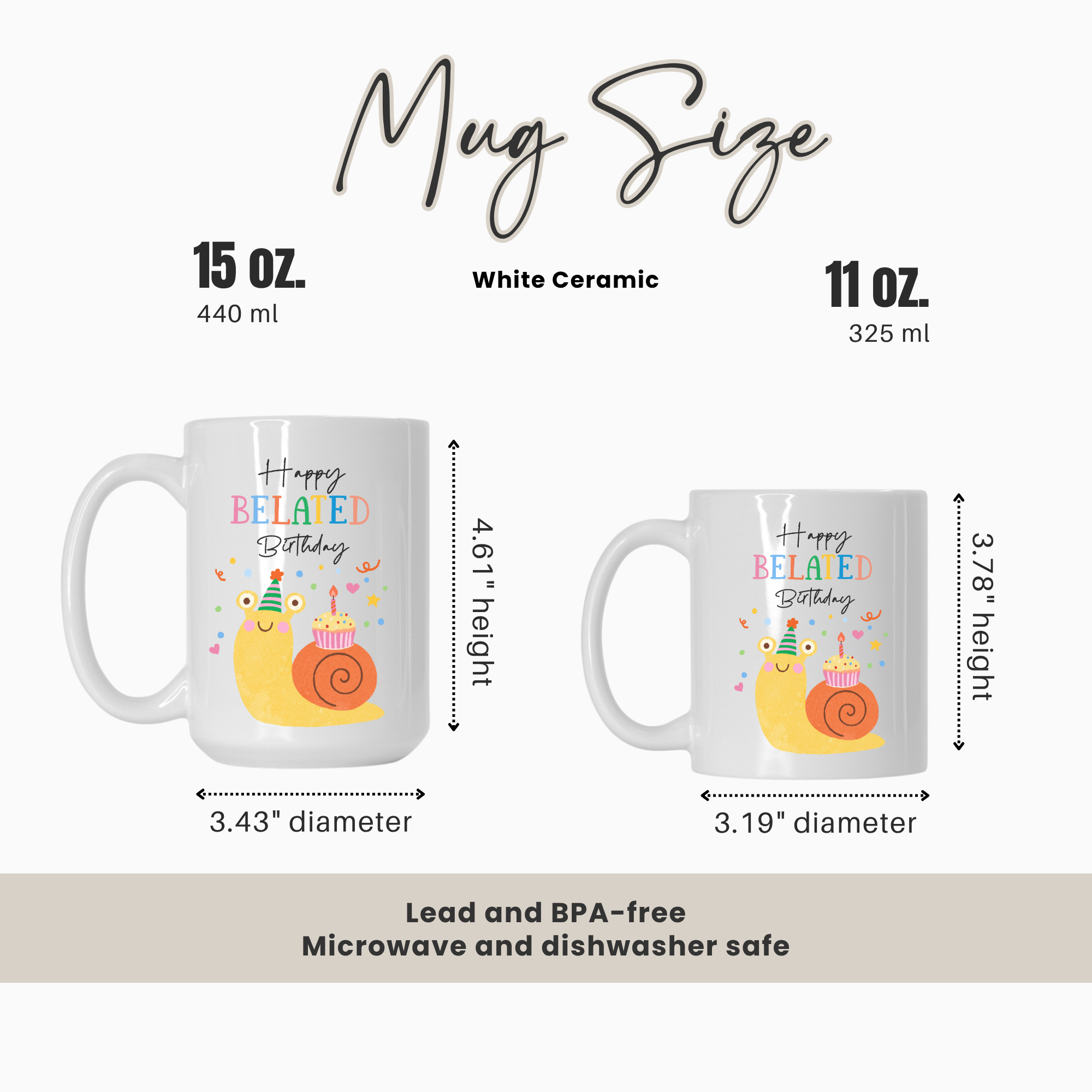 Mug size comparison chart with a 15oz. and 11oz. mug and measurements on a white background