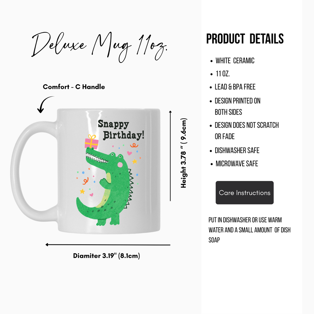 White mug with a green dinosaur design and 'Snappy Birthday!' text, featuring product details on a white background.