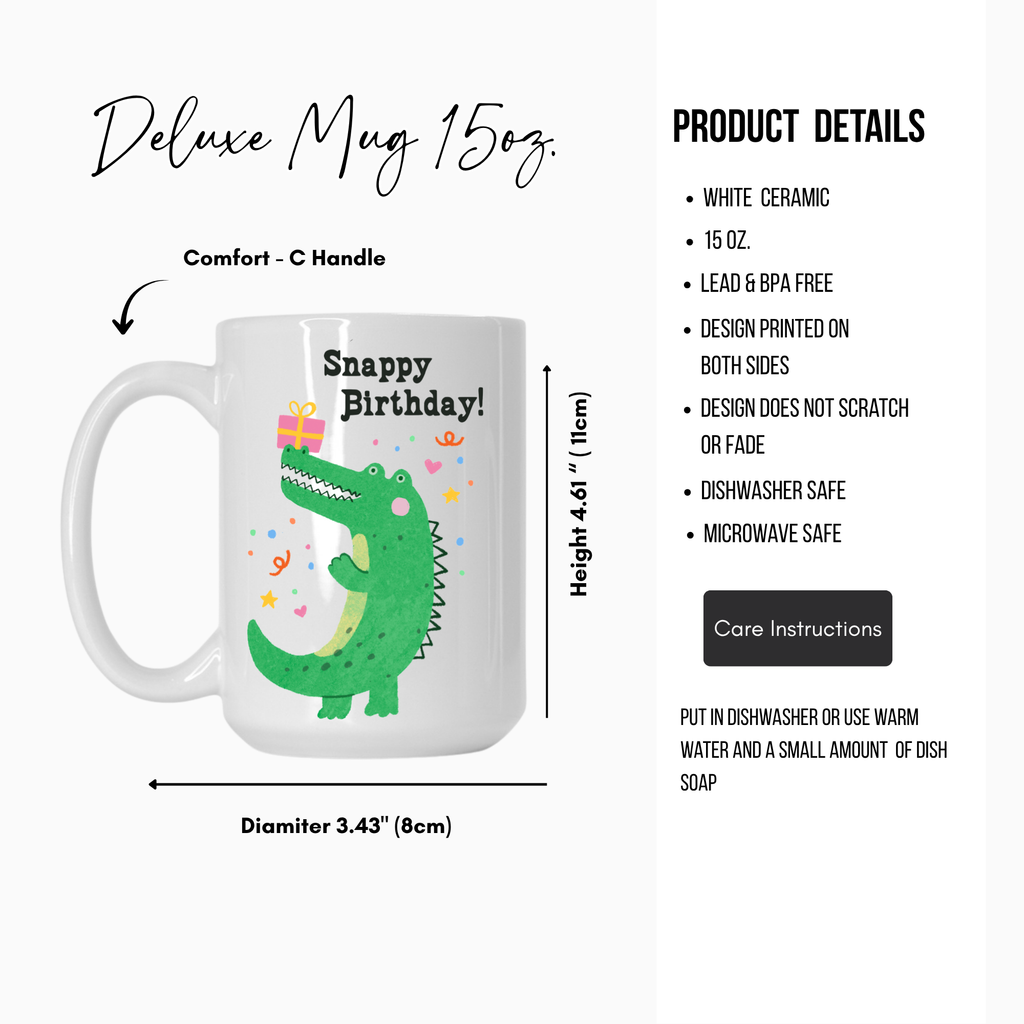 White 15oz. mug with a green alligator design and 'Snappy Birthday!' text, featuring product details on a white background.