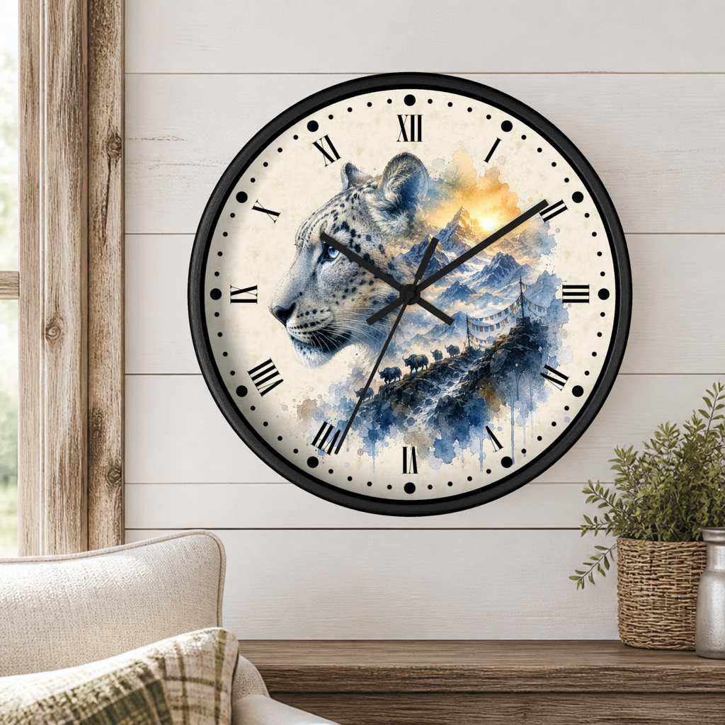 A round wall clock with a black frame and a watercolor-style leopard print face, mounted on a white wood-paneled wall above a wooden shelf with a plant and part of a sofa visible.