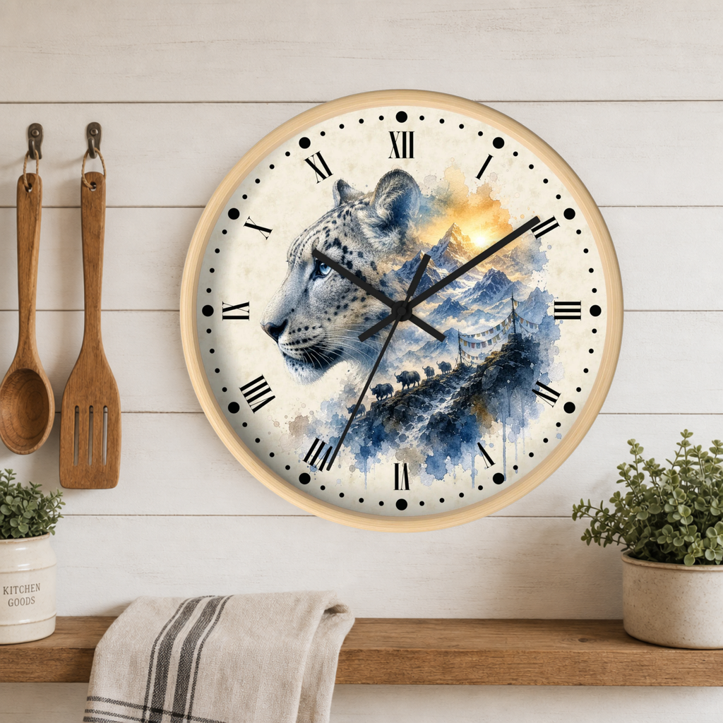 Round wall clock with a watercolor snow leopard design on the face, mounted on a white wood plank wall above a wooden shelf with kitchen utensils and small plants.