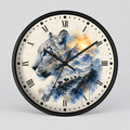A round wall clock with a black frame and Roman numerals, featuring a watercolor-style design of a white leopard head blending into blue mountains and a bridge on the clock face, shown against a light gray background.