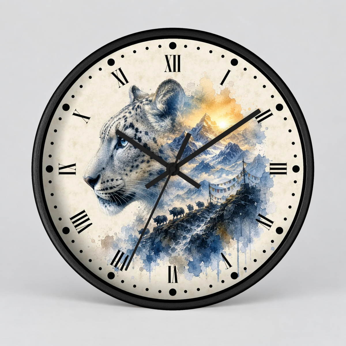 A round wall clock with a black frame and Roman numerals, featuring a watercolor-style design of a white leopard head blending into blue mountains and a bridge on the clock face, shown against a light gray background.