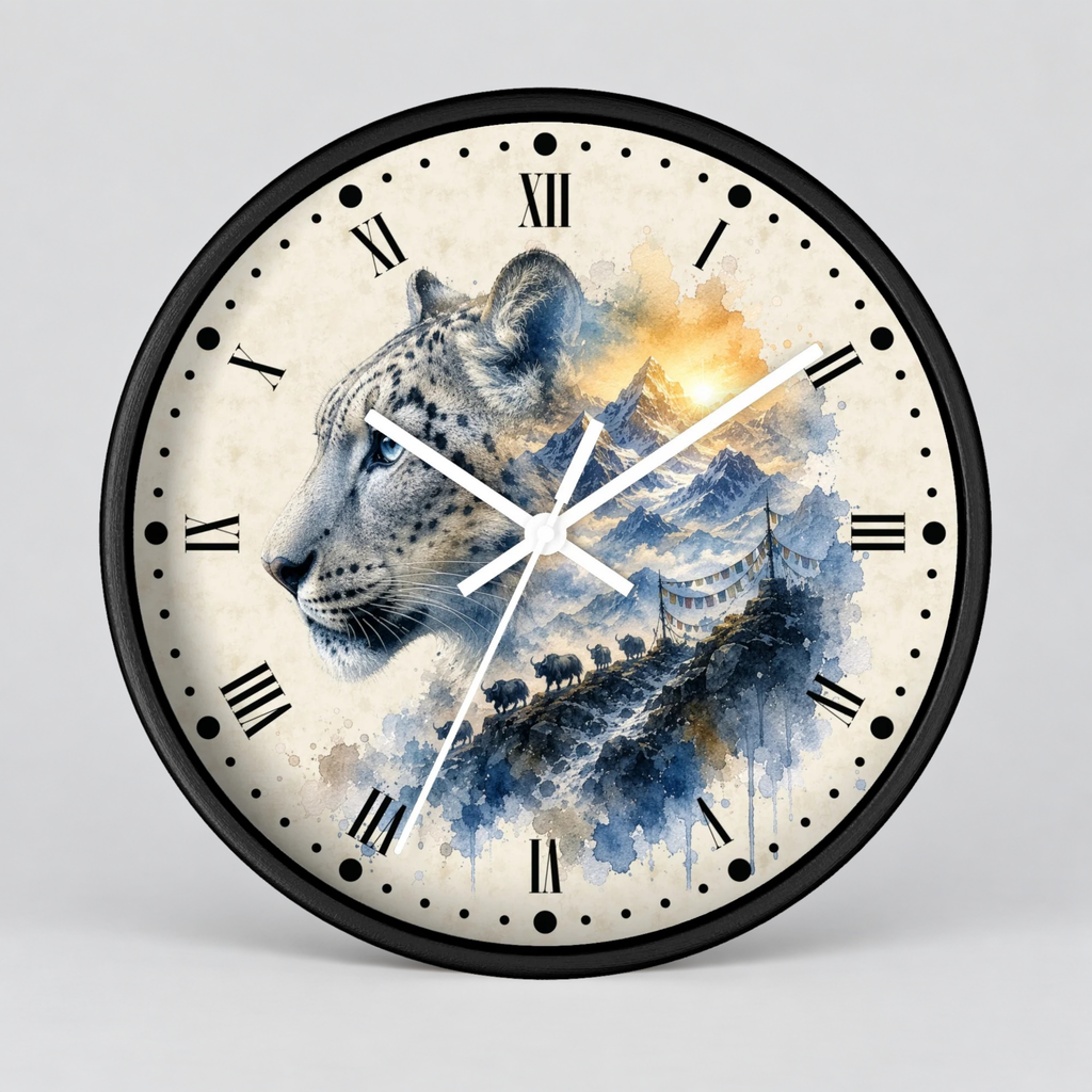 A round wall clock with a black frame and Roman numeral hour markers, featuring a watercolor-style illustration of a white leopard blending into blue mountains and a golden sky on the clock face, shown against a light gray background.