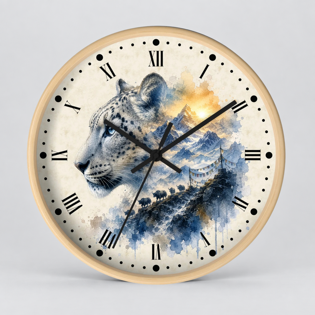 Round wall clock with a light wood frame and a watercolor-style face featuring a white leopard head over blue mountains and a warm golden sky. Black Roman numerals and hands are visible on a light gray background.