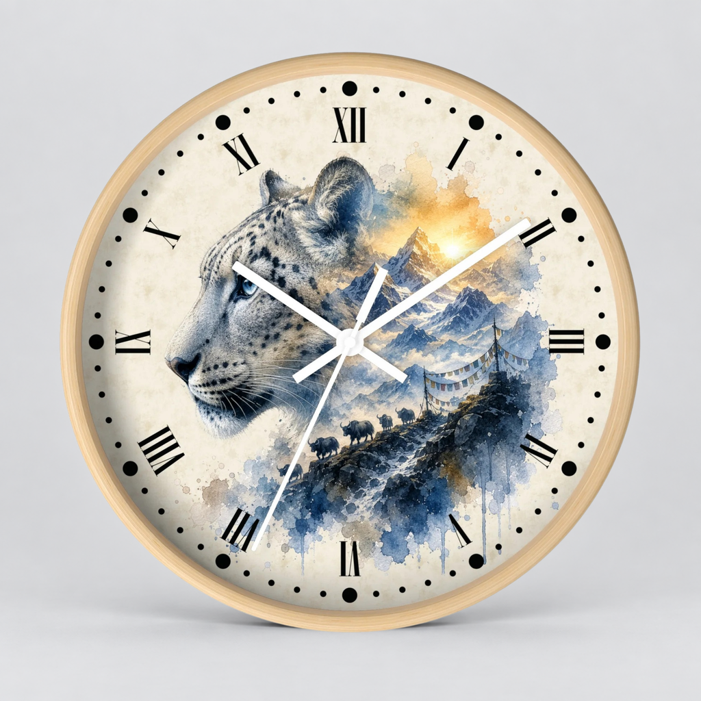 Round wall clock with a light wood frame and a watercolor-style dial featuring a snow leopard over blue mountains and a golden sun, with black Roman numerals and white hands on a light gray background.