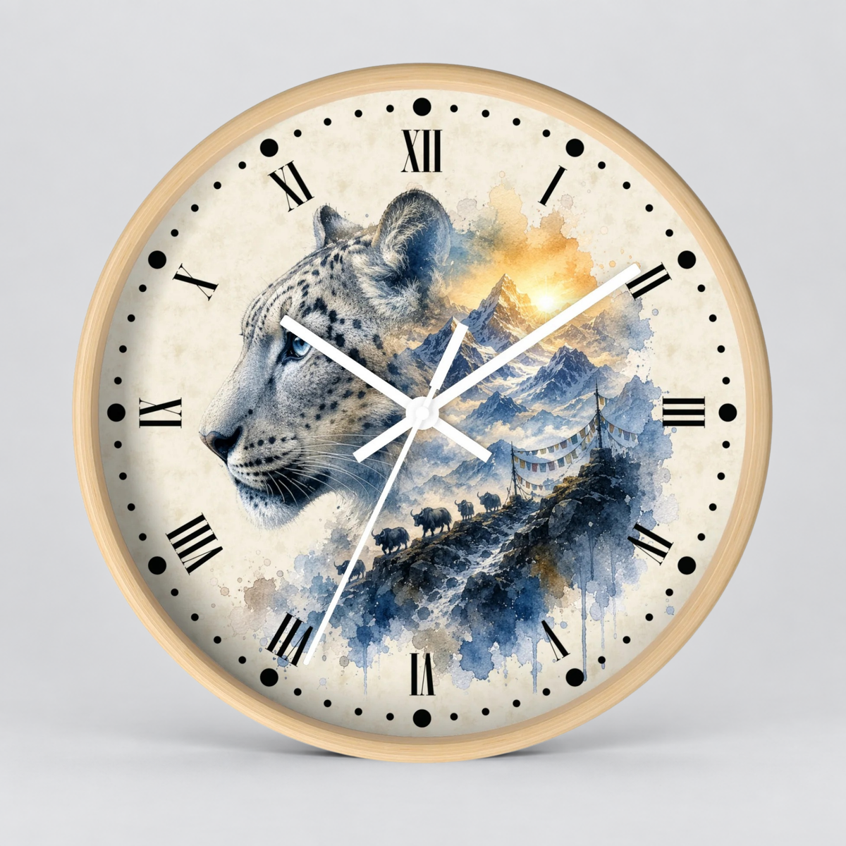 Round wall clock with a light wood frame and a watercolor-style dial featuring a snow leopard over blue mountains and a golden sun, with black Roman numerals and white hands on a light gray background.