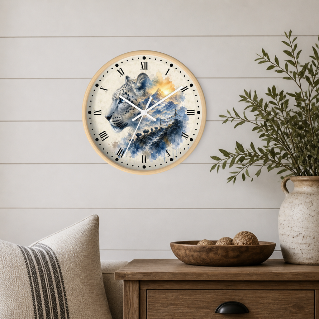 A round wall clock with a light wood frame hangs on a white shiplap wall above a wooden side table. The clock face features a painted snow leopard in blue, gray, and white tones with a warm golden glow.