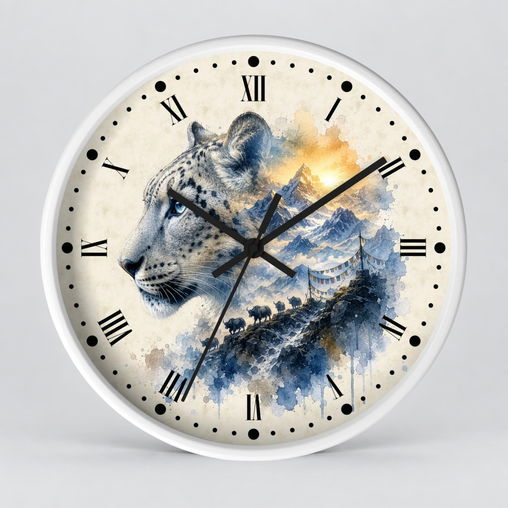 A round wall clock with a white frame and Roman numerals, featuring a watercolor-style design of a snow leopard over blue mountains and a golden sun on the clock face.