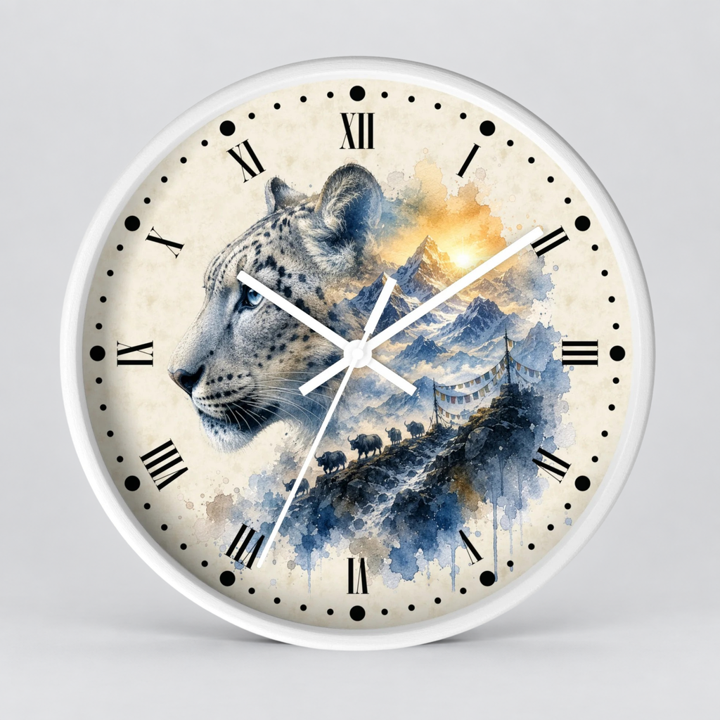 A round wall clock with a white frame and a cream-colored face featuring a watercolor-style leopard profile over blue mountains and a warm golden sky. The clock uses black Roman numerals and markers with white hands.