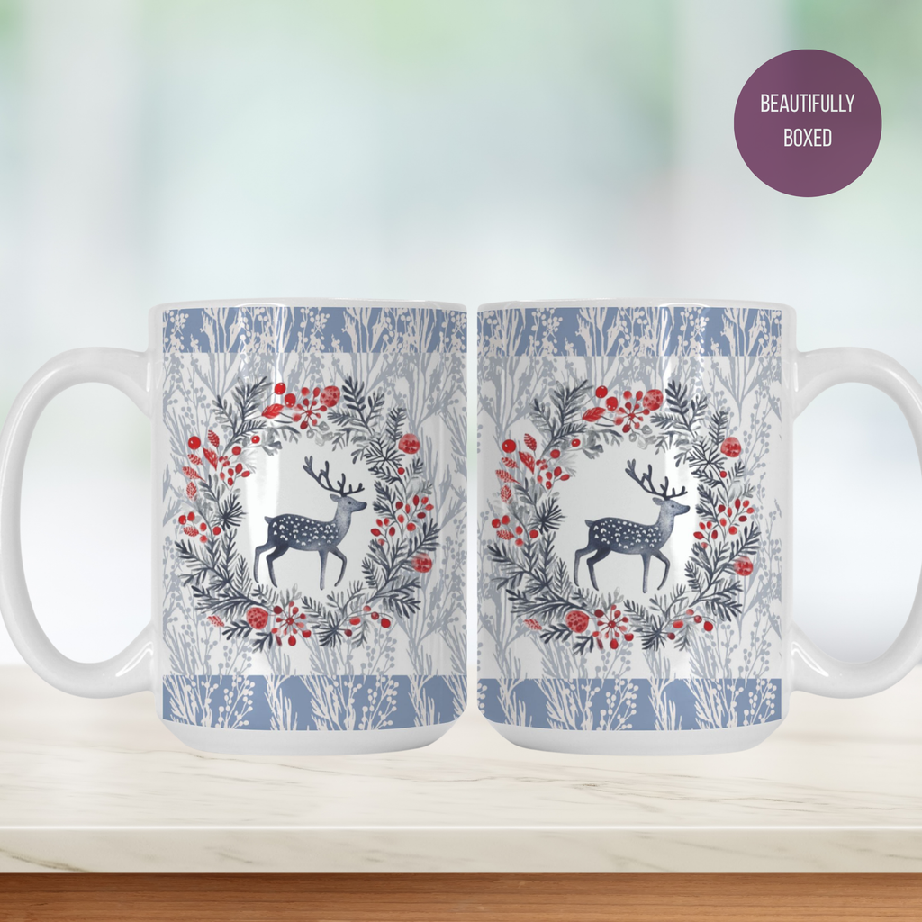 Snowberry Woods Deer Mug Deluxe 15oz – Nordic Christmas Woodland Coffee Cup