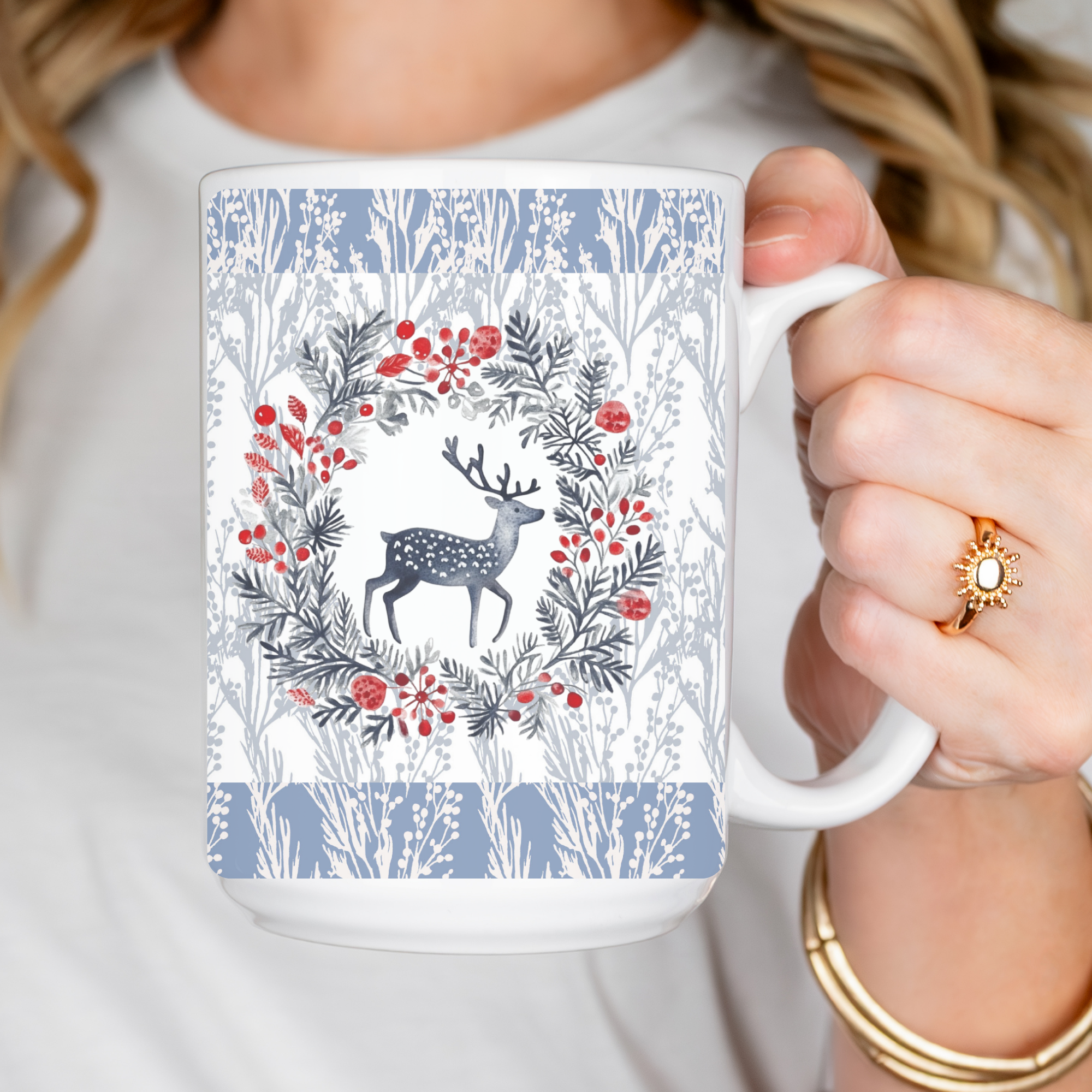Snowberry Woods Deer Mug Deluxe 15oz – Nordic Christmas Woodland Coffee Cup
