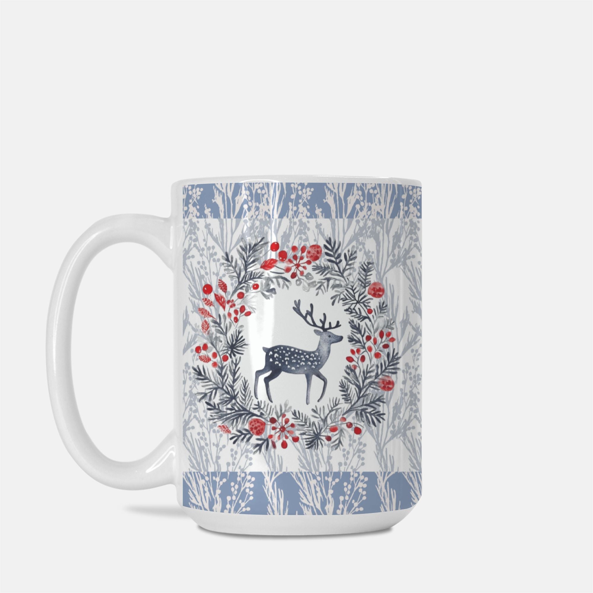 Mug with deer and floral design on a white background