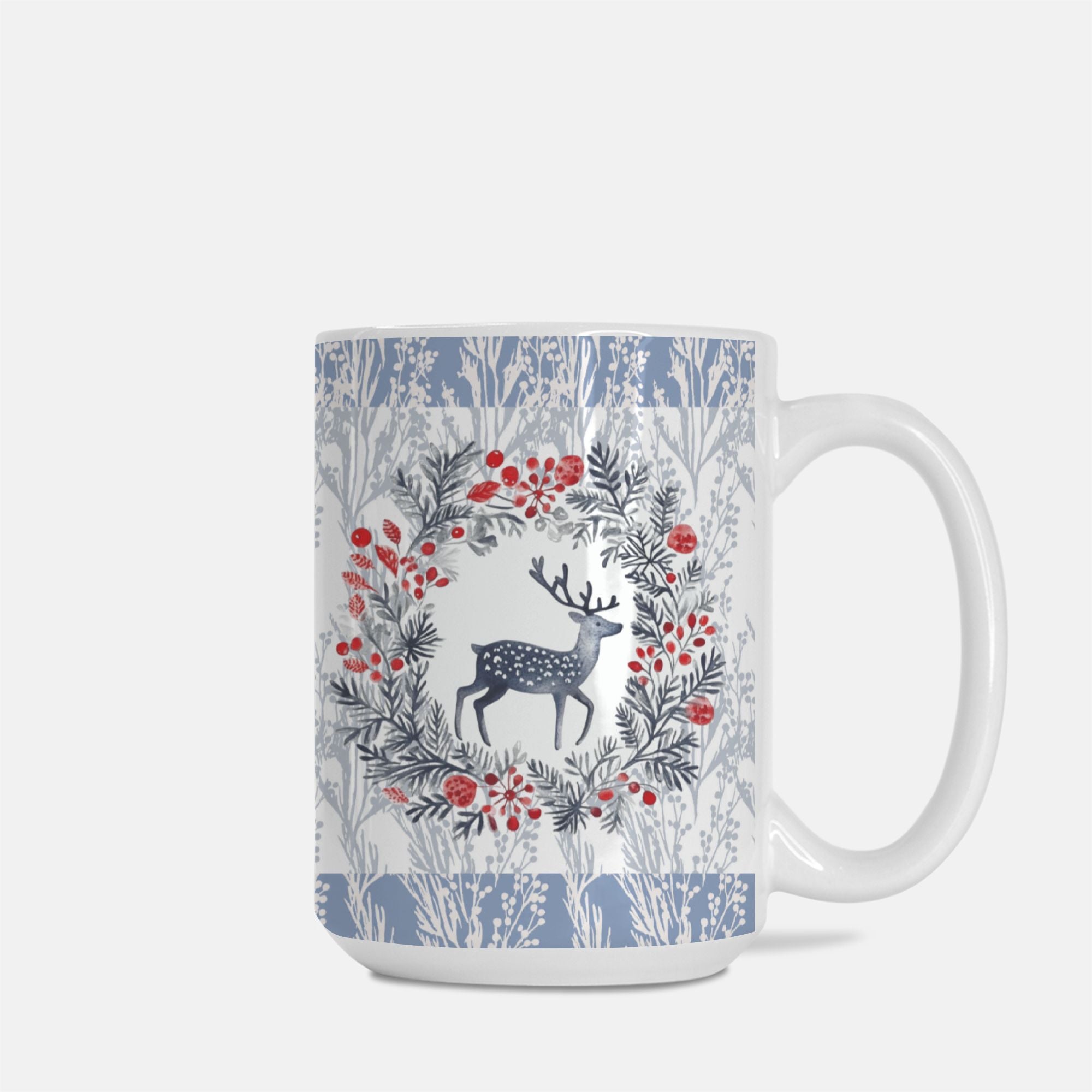 Mug with a deer and floral design on a white background