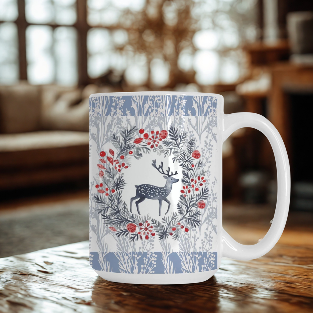 Snowberry Woods Deer Mug Deluxe 15oz – Nordic Christmas Woodland Coffee Cup