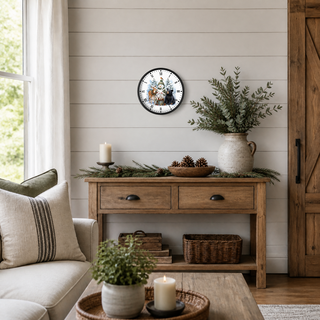 A round wall clock with a rustic holiday illustration of snowman, deer, and black bear, styled on a shiplap wall above a wooden console table in a cozy living room setting.