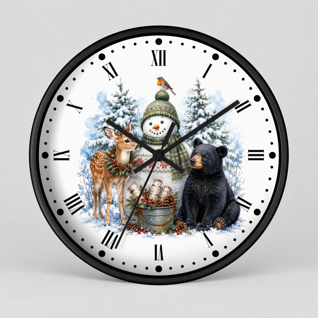 A round wall clock with a black frame and a white face featuring a winter holiday illustration with a snowman, deer, bear, snow trees, and a bird, set against a light gray background.