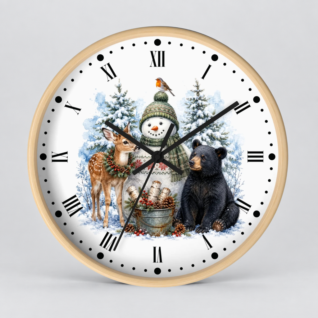 A round wall clock with a light wood frame and a white face featuring a winter woodland illustration. The design includes a snowman in a green hat, a deer with a wreath, a black bear, snowy trees, and a small bird.