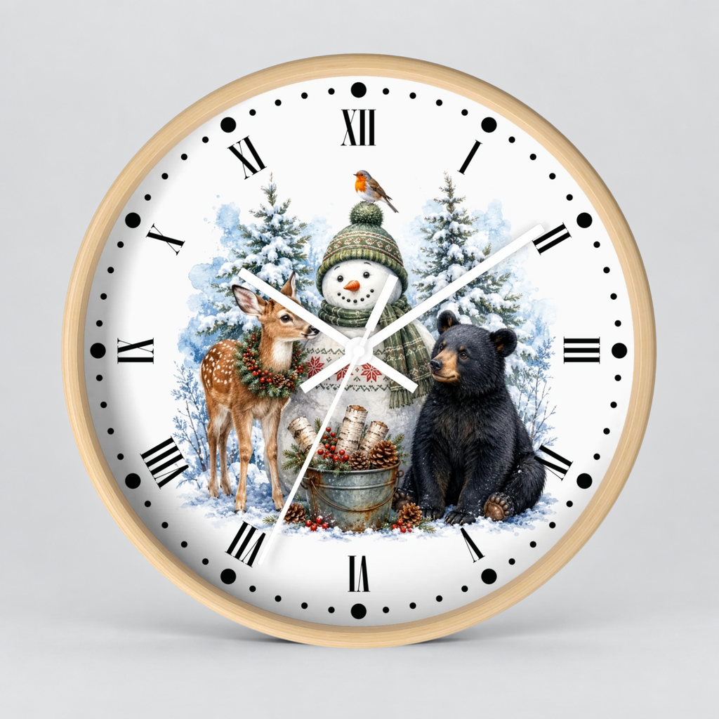 A round wall clock with a light natural wood frame and a white face featuring a winter holiday illustration. The design shows a snowman in a green hat and scarf, a deer with a wreath, a black bear, snowy trees, and a small bird.