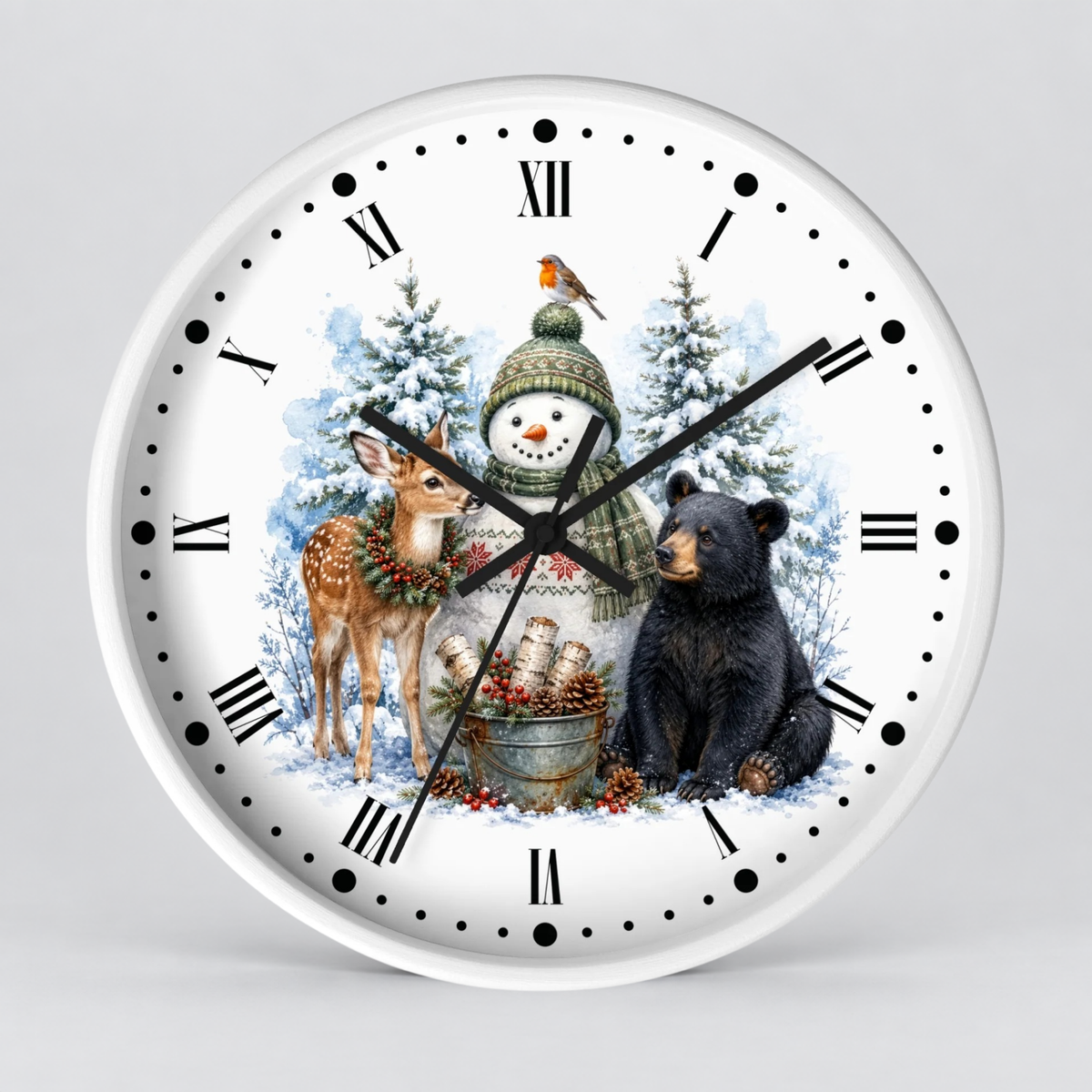 A round white wall clock with black Roman numerals and hands, featuring a festive winter illustration on the face with a snowman, deer, bear, evergreen trees, and a small bird.