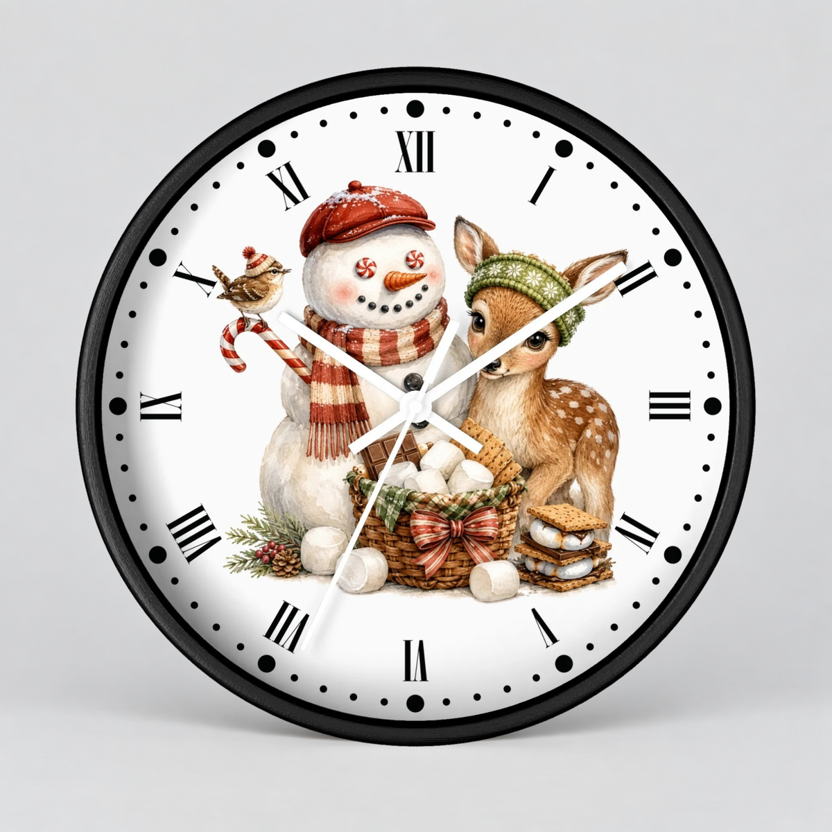 A round wall clock with a black frame and a white face featuring a festive Christmas illustration of a snowman, a deer, a basket of eggs, and a small bird, with black Roman numerals and white hands on a light gray background.