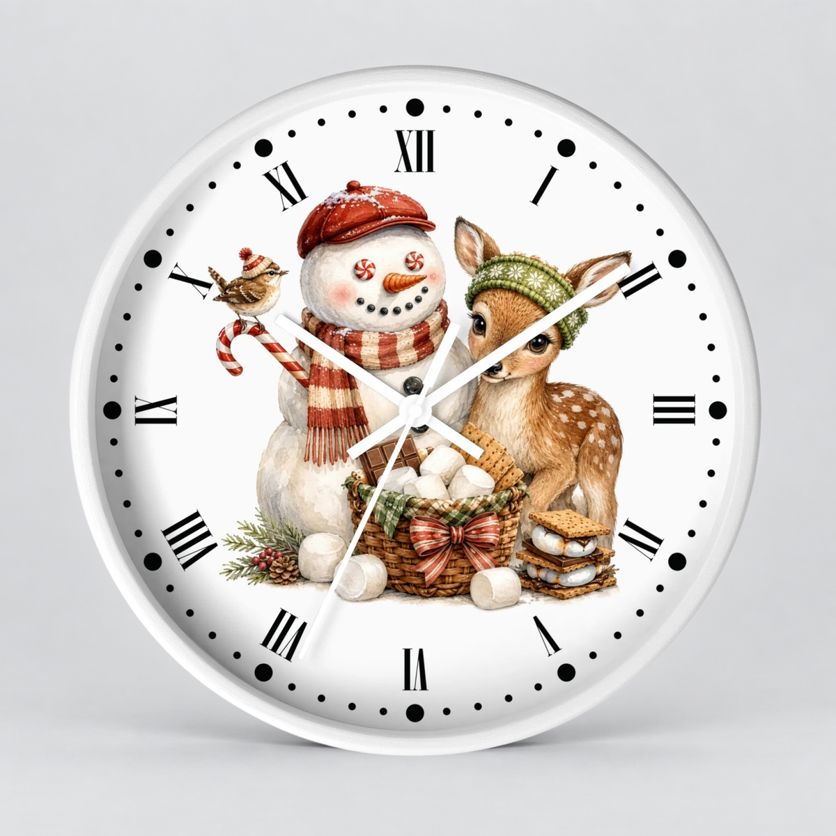 A round white wall clock with a festive winter illustration featuring a snowman in a red hat and scarf, a deer with a green hat, a basket of eggs, and a small bird, set against a light gray background.